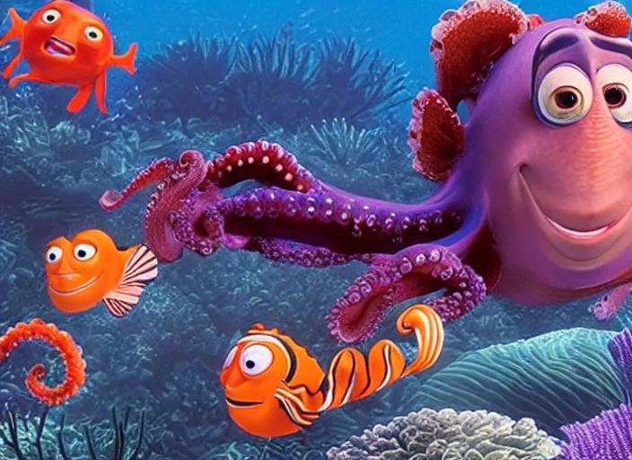 Image similar to film still of harry styles swimming with an octopus in the new finding nemo movie, 4 k