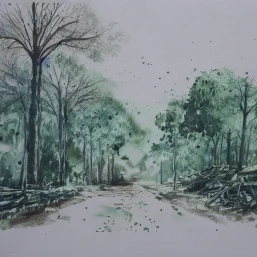 Prompt: abandoned city overgrown by trees, watercolor