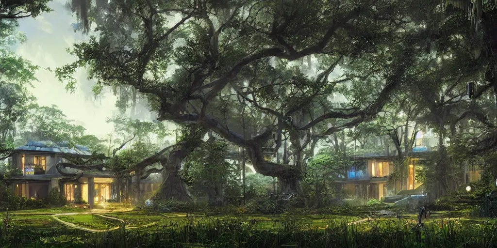 Prompt: a cyber punk house on a lush southern plantation with a tree-lined driveway, romanticism, hyperdetailed, artstation, cgsociety, 8k, masterpiece, sharp H 640