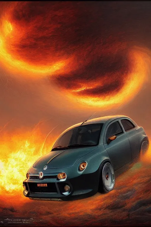 Image similar to Intricate stunning highly detailed Fiat 600R built in Argentina by agostino arrivabene and Vladimir Kush, surreal, digital painting, ultra realistic, Horror vacui, dramatic lighting, full moon, thick black swirling smoke tornado, burning fire embers, artstation