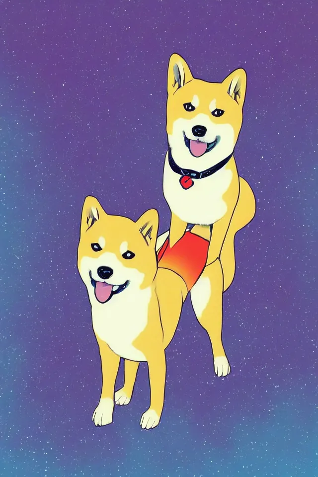 Image similar to a portrait of a shiba inu, in the art style of 8 0 s anime, japanese city pop color palette, naoko takeuchi, hajime yatate