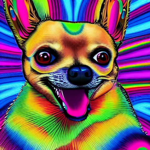 Prompt: chihuahua with rainbow fur, psychedelic fur, in an abstract mc escher environment, happy chihuahua, 4 k, 8 k, ultra detailed, digital illustration