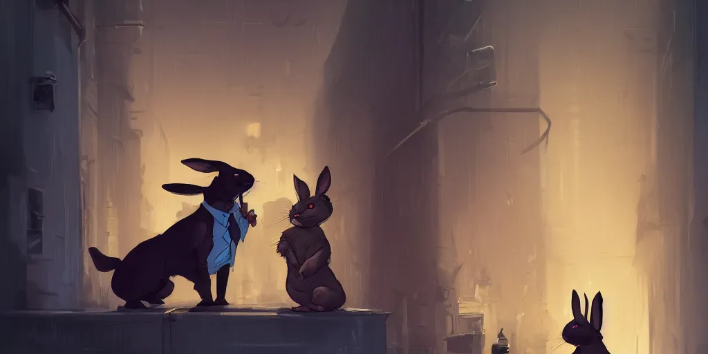 Image similar to rabbit wearing a tie is talking to a femme fatale cat in a dark alley, warm color palette, night time, dramatic lighting, noir film, character sheet, fine details, high contrast, blacksad, kim jung gi, greg rutkowski, trending on artstation, 8 k, front view, back view, ultra wide angle