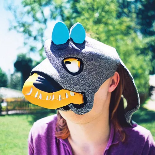 Prompt: a dog with a goofy cheap dinosaur mask, disposable camera photograph, casual, backyard, midday, sunny, funny photo