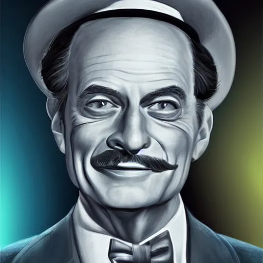 Image similar to hyper futuristic richard feynman with hat and moustache, portrait digital art 4 k masterpiece