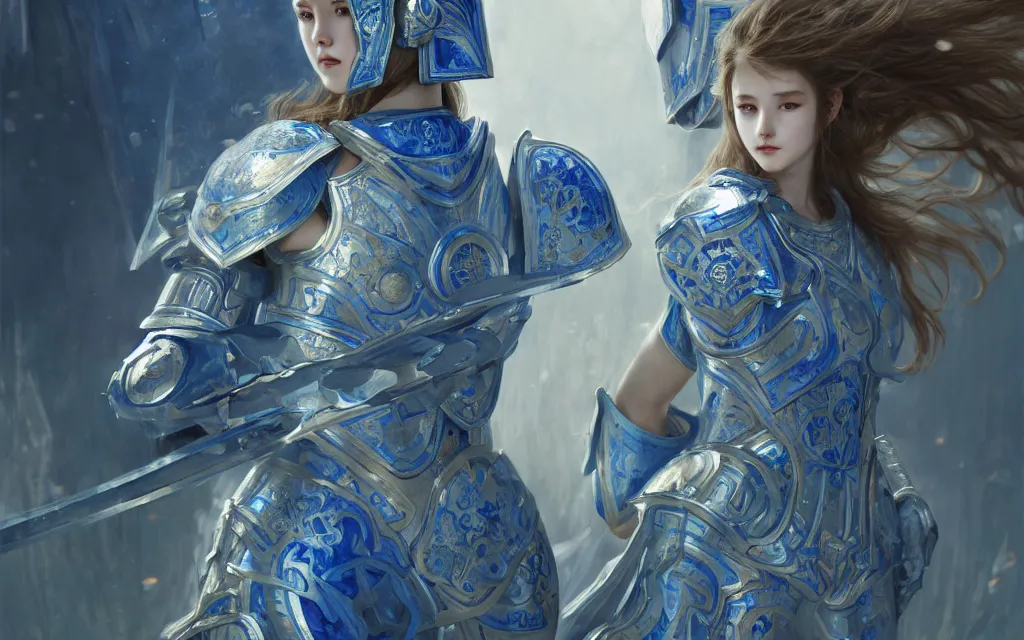 Image similar to knights of zodiac girl, chinese blue and white porcelain reflected armor, armor knight cinematic shot, in ruined agora of athens, ssci - fi and fantasy, intricate and very very beautiful and elegant, highly detailed, digital painting, artstation, concept art, smooth and sharp focus, illustration, art by tian zi and wlop and alphonse mucha