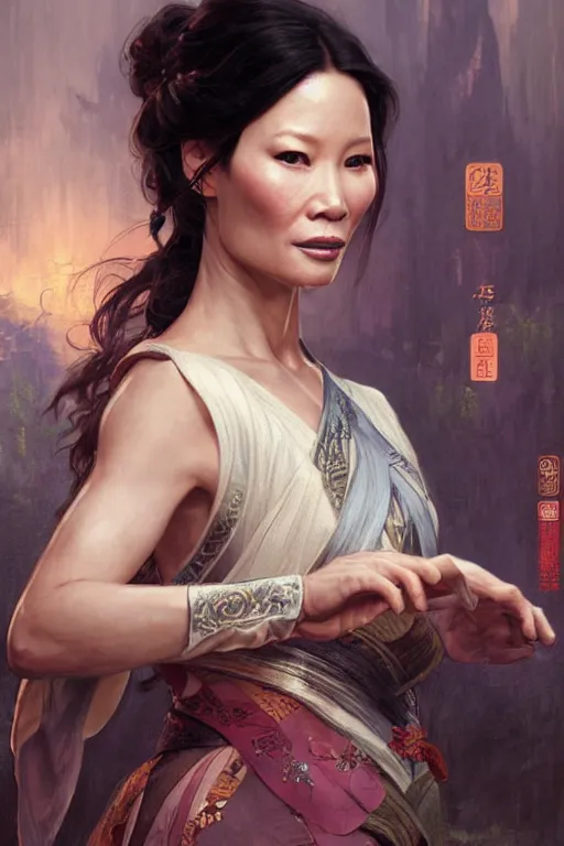 Prompt: Lucy Liu portrait, wuxia, fantasy, elegant, intricate, by Stanley Artgerm Lau, greg rutkowski, thomas kindkade, alphonse mucha, loish, norman Rockwell