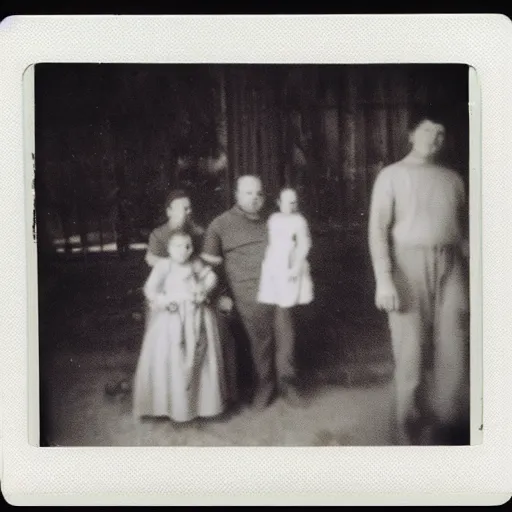 Image similar to old polaroid of a family, there is a gloomy atmosphere in the ambient, a ghost can be seen in the background