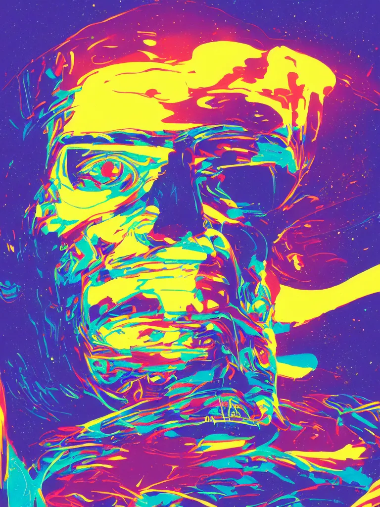 Prompt: a vibrant ultraclear closeup portrait of a man tasting neon fireworks and blotter papers of lsd acid, dreaming psychedelic hallucinations in the vast icy landscape of antarctica, by james gilleard, kawase hasui, moebius, colorful flat surreal design, hd, 3 2 k
