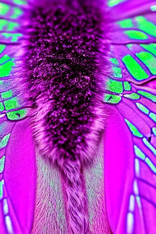 Image similar to high quality macro photo pearlescent furry moth! jeweled gorgeous! highly detailed david ligare elson peter cinematic purple neon lighting high quality low angle hd 8k sharp shallow depth of field