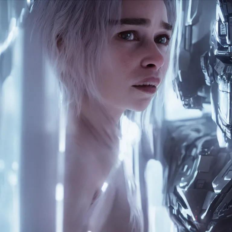 Image similar to scifi emilia clarke looks like ghost in the shell, extremely high detail, smiling woman, cyborg, photorealism, sony a 7 r