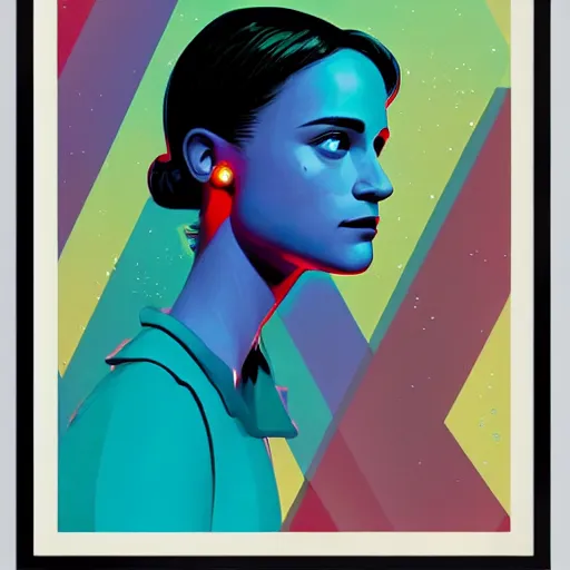 Image similar to ( ( dither ) ), editorial illustration portrait of alicia vikander in a spacestation interior, dynamic pose, modern art deco, colorful, ( ( mads berg ) ), christopher balaskas, victo ngai, rich grainy texture, detailed, dynamic composition, wide angle, matte print, alphonse mucha, ( ( glitch art pixel sorting ) )