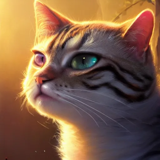 Image similar to highly detailed closeup portrait of a cat, in disney, stephen bliss, unreal engine, art by greg rutkowski, loish, rhads, ferdinand knab, makoto shinkai and lois van baarle, ilya kuvshinov, rossdraws, tom bagshaw, global illumination, radiant light, detailed and intricate environment