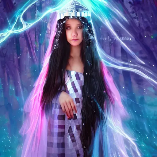 Prompt: mysterious girl child with her long black hair dressed in a chequered robe, chequered cape, carrying blue very big magical crystal, epic scene, atmospheric, surrounded by magical light, digital art, hd, 4 k, hyper detailed