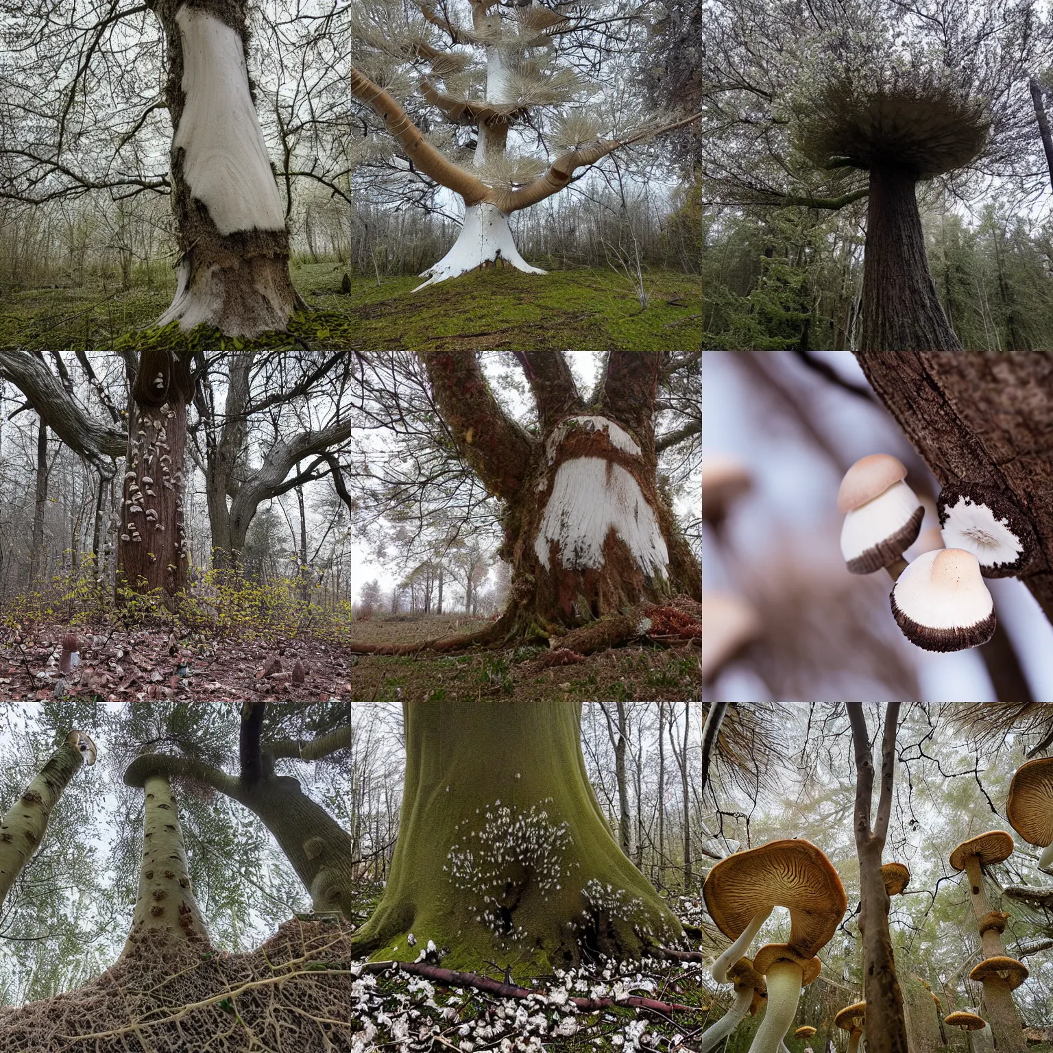 Prompt: tree infested by fungal bloom, white fungal spores everywhere, trees covered in mushrooms and fungi, white color palette, mushrooms everywhere, no leaves, only fungus