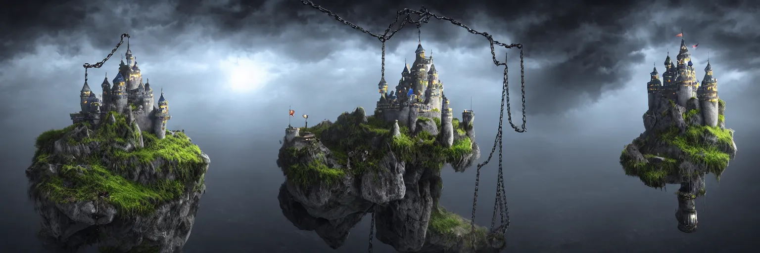 Prompt: hyper realistic cinematic view of floating castle hanging by chains in the air, in between a gorge, below only cloud dark void, 8 k resolution