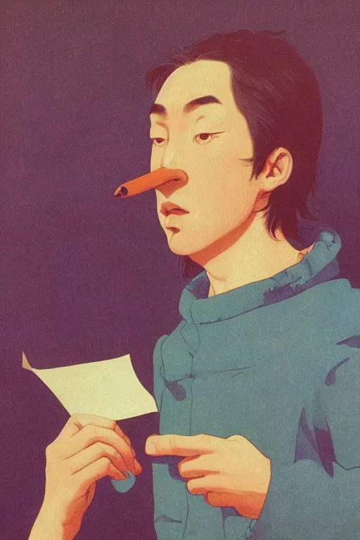 Prompt: a closeup portrait of a young siberian man eating a blotter paper of LSD acid and dreaming psychedelic hallucinations in the vast icy landscape of Antarctica, by kawase hasui, moebius and Edward Hopper, colorful flat surreal design, hd, 8k, artstation