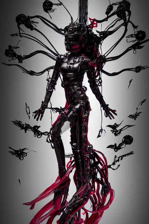 Prompt: full-body cyberpunk style sculpture of a young beautiful dark priestess, half android with a head opening exposing circuitry, glowing red eyes, black roses, flowing blood red colored silk, fabric, candles. baroque elements, human skull. full-length view. baroque element. intricate artwork by caravaggio. crows flying in background. Trending on artstation, octane render. cinematic lighting from the right, hyper realism, octane render, 8k, depth of field, 3D