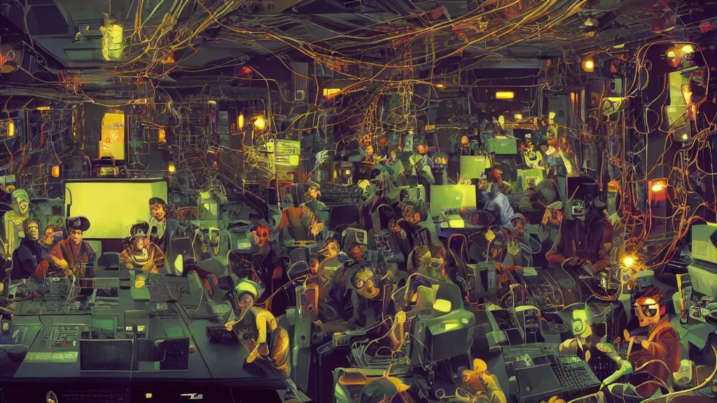 Prompt: selfie of a tight group of happy drunken hackers at a party in a highly detailed server room with computers everywhere and wires, in a scifi movie, vivid colors, by jamie hewlett, stephan martiniere, james gurney, james jean, anato finnstark. hyper detailed, wide angle, perfect faces