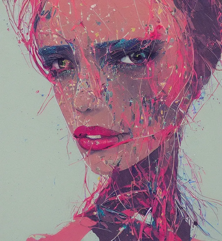 Image similar to close up portrait painting of a female dressed in nineties street styling, concept art, intricate details, highly detailed, aesthetically pleasing pastel colors, art by conrad roset