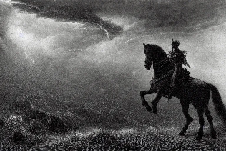 Prompt: A huge rider on a horse rides through epic storm, Gustave Dore lithography