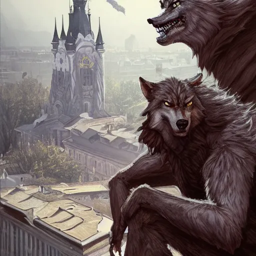 Image similar to werewolf sitting on lviv city hall, portrait, highly detailed, full body, digital painting, trending on artstation, concept art, sharp focus, illustration, art by artgerm and greg rutkowski and magali villeneuve