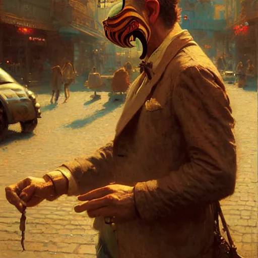 Prompt: the happy mask salesman in clock town. highly defined painting, highly detailed painting by gaston bussiere, craig mullins 8 k