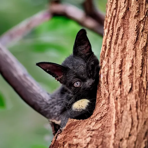 Image similar to a bat kitten, in a tree, Canon EOS R3, telephoto, very detailed, 4k