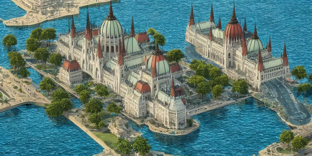 Prompt: the hungarian parliament underwater-beach, palm trees behind, aerial shot, real photography, unreal-engine, 4k, highly detailed by Thomas Kinkade, Trending on Artstation, Landscape vista