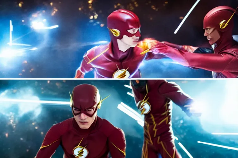 Image similar to a duel between flash ( left ) and ezra miller as flash ( right ), in space, shot on alexa, 3 5 mm cooke, still from a movie, trending on hollywood reporter