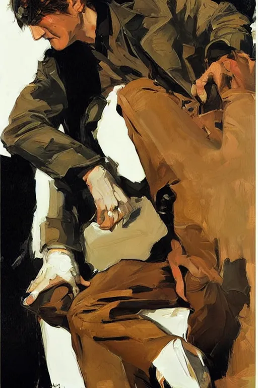 Image similar to quentin tarantino caressing feet, painting by jc leyendecker!! phil hale!, angular, brush strokes, painterly, vintage, crisp