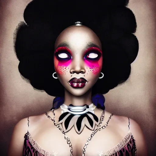 Prompt: portrait of a black woman inspired by Natalie Shau, Anna dittmann,afro,freckles, pretty make up, bold, self confidence,cinematic