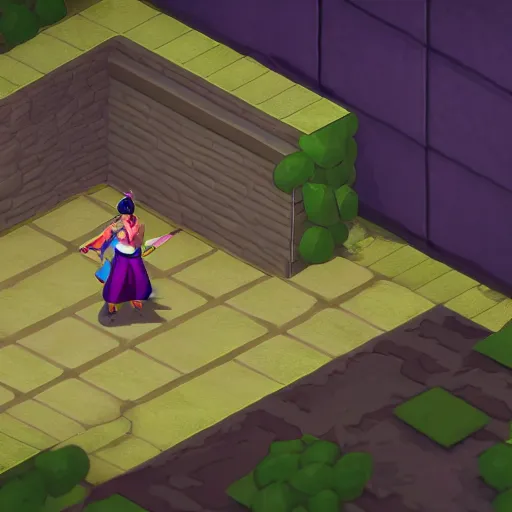 Image similar to a cel-shaded isometric in-game screenshot of Adele in Hades