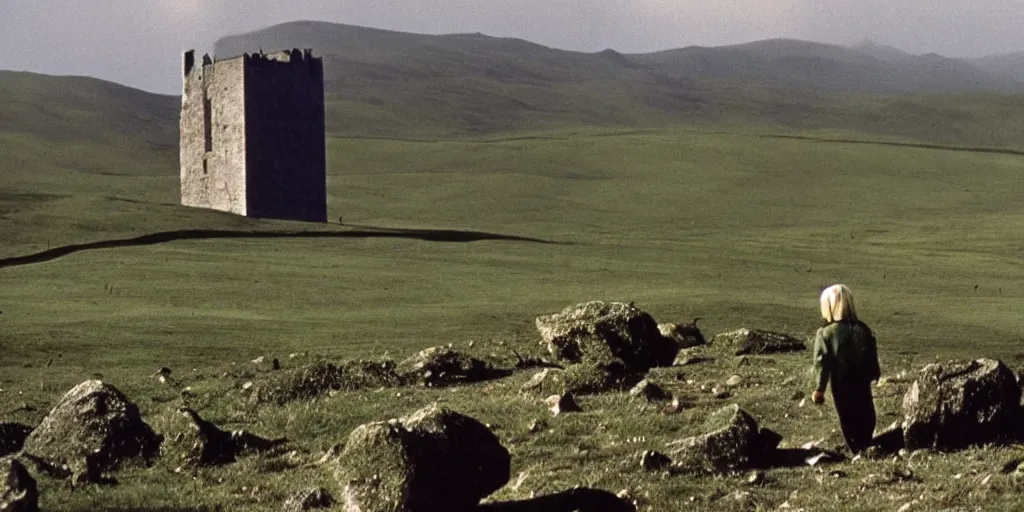 Prompt: A full color still from a Stanley Kubrick film featuring a a large black tower made of stone in a green valley, 35mm, 1975