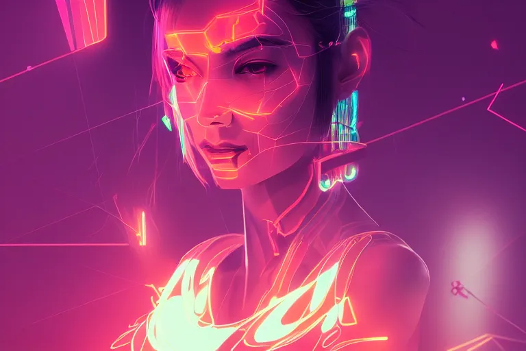 Prompt: photo of goddes of war in neon lighting, elegant, highly detailed, smooth, sharp focus, illustration, beautiful, geometric, trending on artstation, cinematic, artwork by WLOP