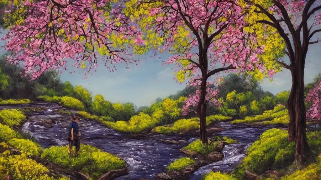 Prompt: A beautiful landscape oil painting of a hill with trees, a person is walking trhough the river and anoter person is sitting under a tree, the spring has arrived and the trees are blooming and covered with yellow, pink, purple and red flowers, the river come from the waterfall and is zigzagging and flowing its way, the river has lots of dark grey rocks, by Greg Rutkowski