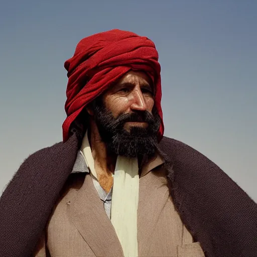 Image similar to portrait of president joe biden as afghan man, green eyes and red scarf looking intently, photograph by steve mccurry