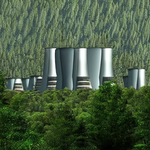 Prompt: a futuristic sci-fi nuclear power plant in a lush forested valley