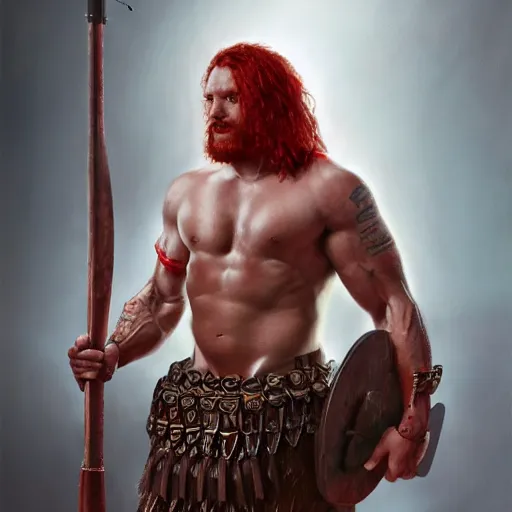 Image similar to bulky muscular scottish warrior with red hair, tribal blood paintings, waist plate armor, 4 k oil on linen by wlop, artgerm, andrei riabovitchev, nuri iyem, james gurney, james jean, greg rutkowski, highly detailed, soft lighting 8 k resolution