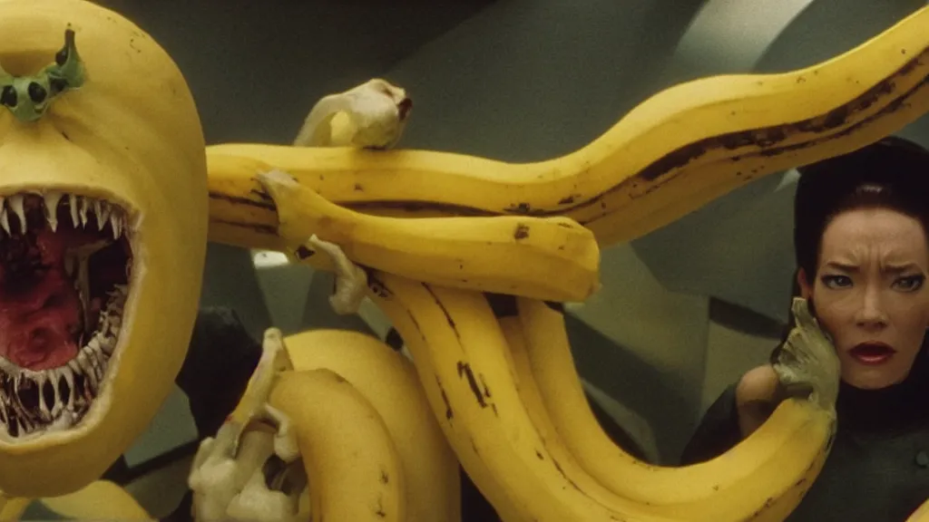 Image similar to giant monsters made of bananas and sharp teeth eating people, star trek, film still from a movie directed by Denis Villeneuve with art direction by Salvador Dalí, wide lens