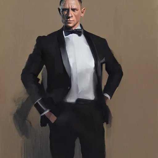 Image similar to a painting in the style of sergey kolesov of daniel craig in a tuxedo, highly detailed