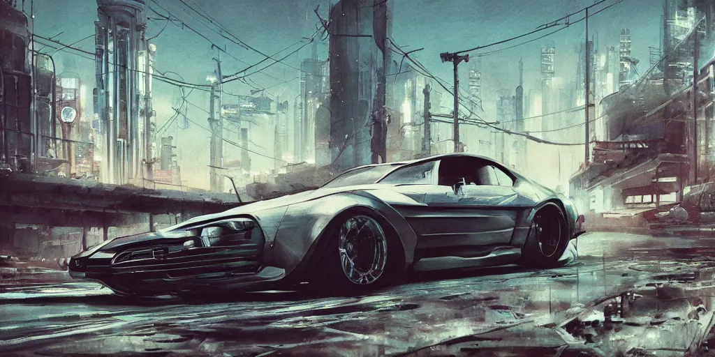 Image similar to vintage muscle car design, futuristic, kyza, ash thorp, simon stalenhag, hard surface, cyberpunk , sci-fi, wide body, sport car, exotic, in watercolor gouache detailed paintings