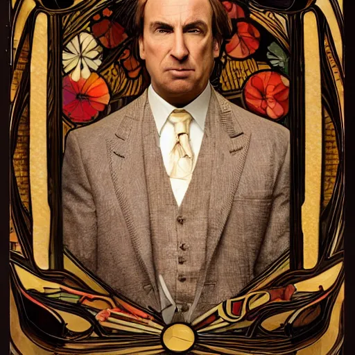 Image similar to saul goodman portrait picture by alfons mucha, golden hour, realistic, body shot, sharp focus, 8 k high definition, insanely detailed, intricate, elegant, cherry blossoms