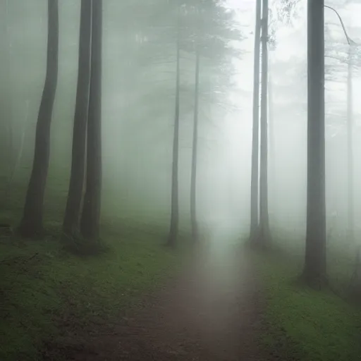 Image similar to found footage of a mysterious creature in the woods, atmospheric fog