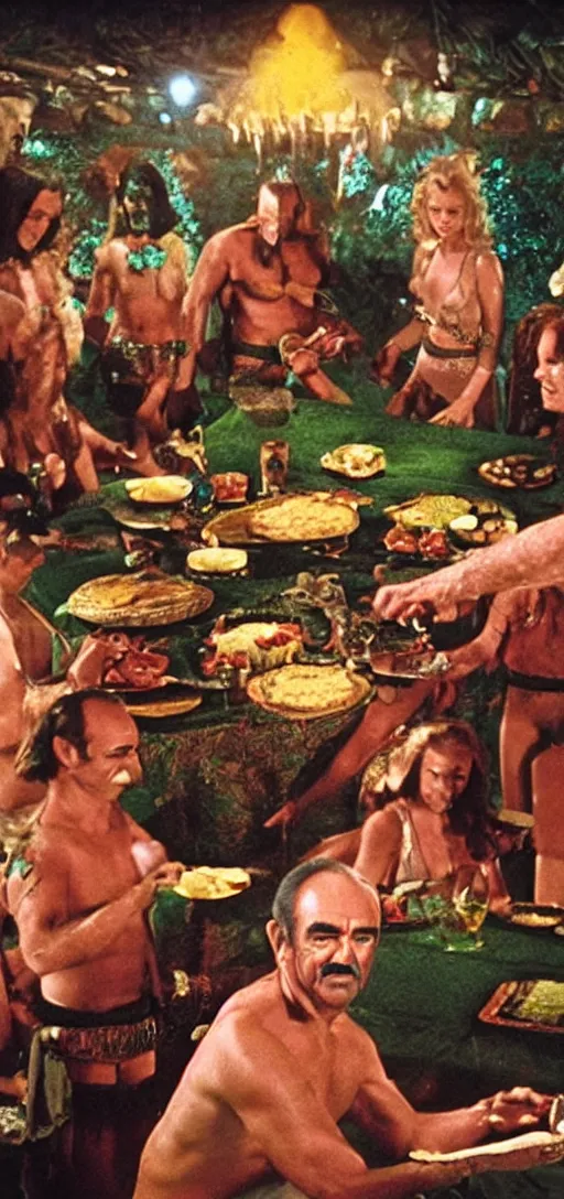 Prompt: a 3 5 mm color closeup macro picture of sean connery as zardoz accessing third eye second level during his 9 6 6 th birthday # party along with female friends. everything is of the second level including plates of green bread and hams on the isle of kun lao. volumetric lighting with picoso hotdogs. atmospheric. national geographic.