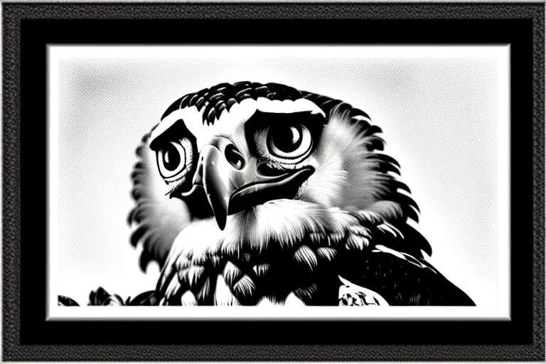 Prompt: harpy eagle framed photo, carl barks, cross hatching, high saturation