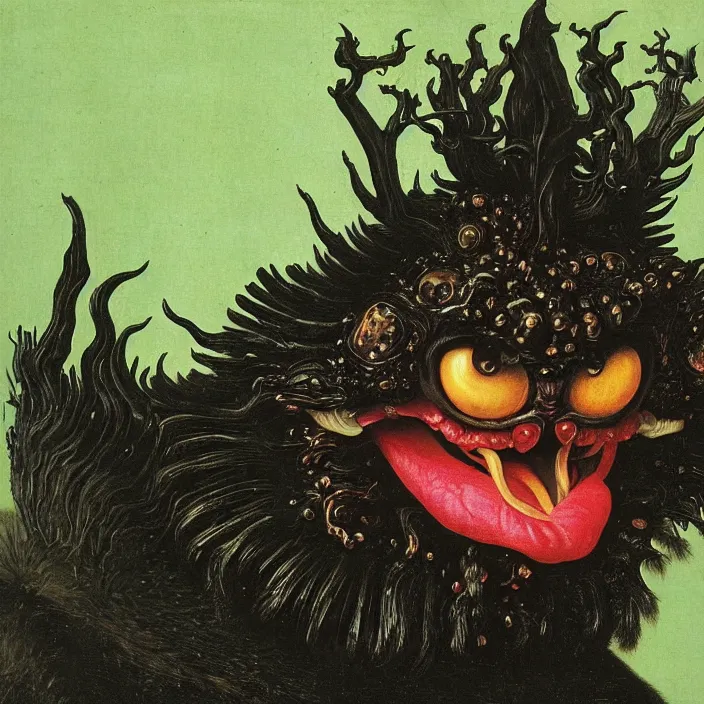 Prompt: close up portrait of a mutant monster creature with giant flaming protruding eyes bulging out of their eye sockets, exotic black orchid - like mouth, insect antennae by jan van eyck, audubon