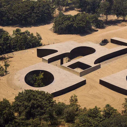 Prompt: a building in a stunning landscape by louis kahn and alberto burri, architectural photograph distance drone wide view, dynamic lighting sharp infinite focus