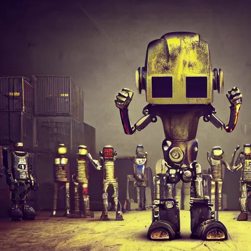 Image similar to a realistic crazy robot wearing a welding helmet, welding helmet head, one fist raised high in triumph, raised fist, standing in front of many large robots inside a huge rusty dingy warehouse, army of big robots, raygun gothic, atomic punk, digital art, detailed render