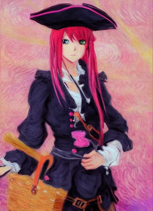 Image similar to a portrait of a female pirate, pink uniform, very anime in impressionist style, anime trending artwork, anime painter studio, by claude monet